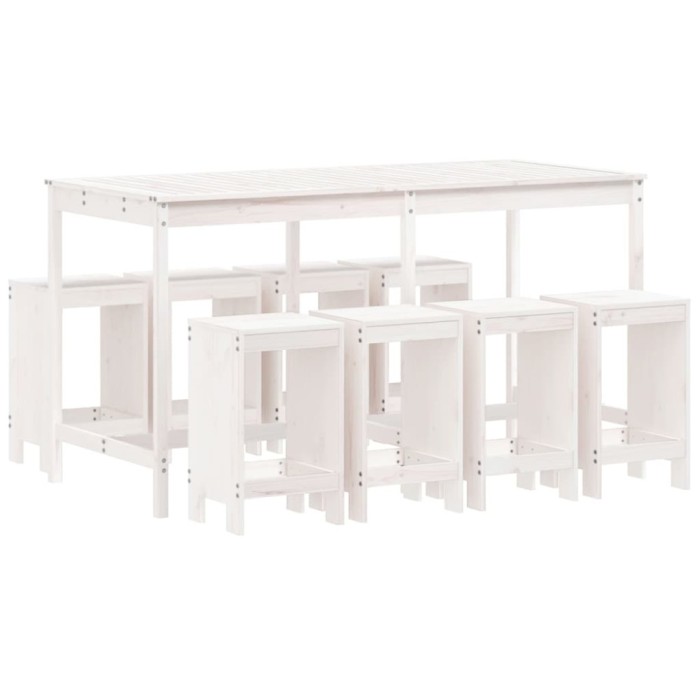 Set bar de gradina, 9 piese, alb, lemn masiv de pin