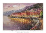 Cumpara ieftin Tablou pictat manual living, dormitor, Peisaj citadin la apus, stilizat, 100x70cm ulei pe panza in cutit efect 3D, gata de expus pe perete