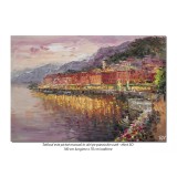 Tablou pictat manual living, dormitor, Peisaj citadin la apus, stilizat, 100x70cm ulei pe panza in cutit efect 3D, gata de expus pe perete