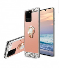 Husa silicon oglinda , pietricele si inel Samsung Galaxy S20 Ultra Roz foto