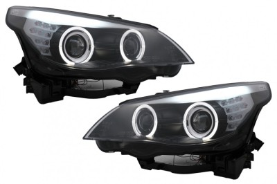 Faruri LED Angel Eyes BMW Seria 5 E60 E61 (2003-2007) LCI Design Negru Performance AutoTuning foto