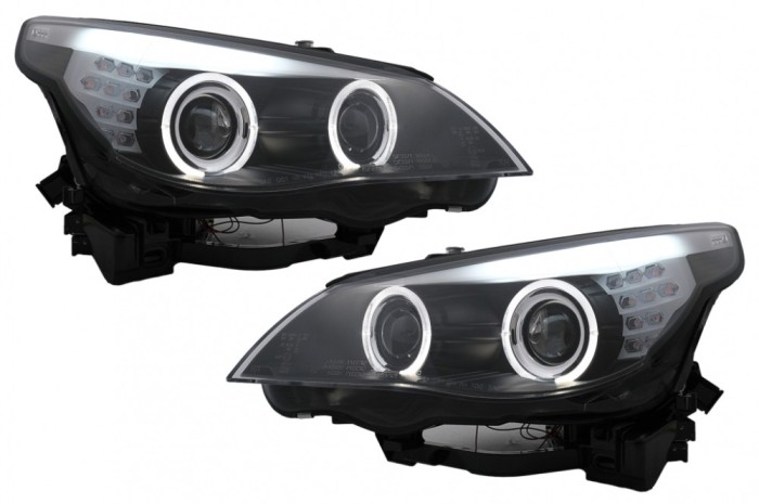 Faruri LED Angel Eyes BMW Seria 5 E60 E61 (2003-2007) LCI Design Negru Performance AutoTuning
