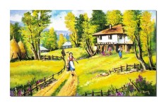 Tablou peisaj casa la tara pictat manual, La bunici, 100x60cm ulei pe panza, Constantin Feraru