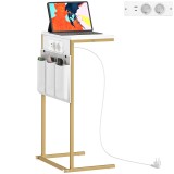 HOMCOM Măsuță de Sufragerie &icirc;n Formă de C cu Efect de Marmură și Porturi USB, Albă | Aosom Romania