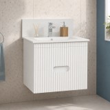 Baza si lavoar ceramic GN0091, mobilier baie suspendat 60 cm, dreptunghiular, front MDF, sertare soft close, alb