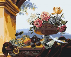 Set pictura pe numere Natura statica Trandafiri 1348, panza bumbac pe rama lemn, 90x120 cm, tablou cu schita, 3 pensule si vopsea acrilica foto