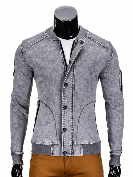 Jacheta pentru barbati de blugi cu fermoar si capse gri casual slim fit C240 Jacheta pentru barbati de blugi cu fermoar si capse gri casual slim fit C240