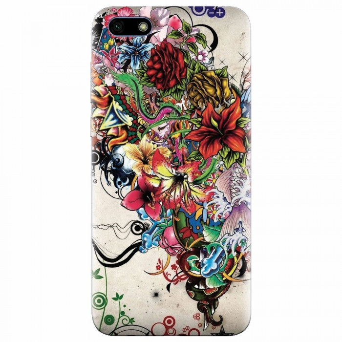 Husa silicon pentru Huawei Y5 Prime 2018, Abstract Flowers Tattoo Illustration