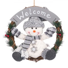 Decoratiune Suspendabila de Craciun, Coronita, Lemn, Om de Zapada, Culoare Gri, Diametru 30 cm, Mesaj Welcome