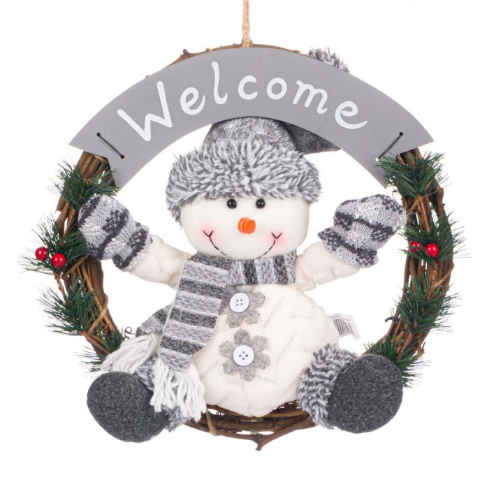 Decoratiune Suspendabila de Craciun, Coronita, Lemn, Om de Zapada, Culoare Gri, Diametru 30 cm, Mesaj Welcome