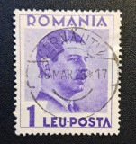 Rom&acirc;nia Regat - Regele Carol al II-lea (1930&ndash;1934) - 1 LEU Violet cu Ștampilă Poștală "CERNĂUȚI 2" și Datier 1935 (Dintelat, Ștampilat) RO1