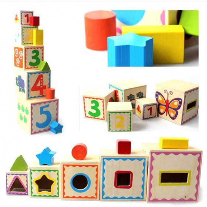 Turn Montessori din lemn 5 cuburi cu cifre, forme si animale.