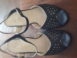 Sandale,bleumarin,ajurate, din piele naturală, cu toc inalt de 5cm