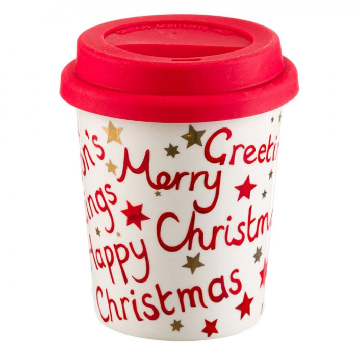 Pahar de Crăciun New Bone Greetings, Culoare Alb, Capacitate 0,25 L, Capac Silicon Roșu