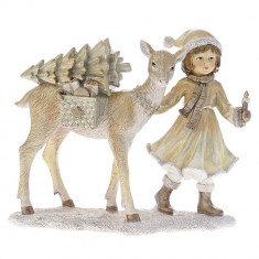 Figurina din rasina Girl with Deer Cream Gold 22 cm x 19 cm