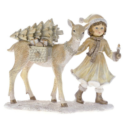 Figurina din rasina Girl with Deer Cream Gold 22 cm x 19 cm foto