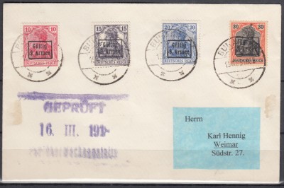 ROMANIA 1918 TIMBRE GERMANE CU SUPRATIPAR GULTIG 9 ARMEE SERIA/PLIC CENZURAT foto