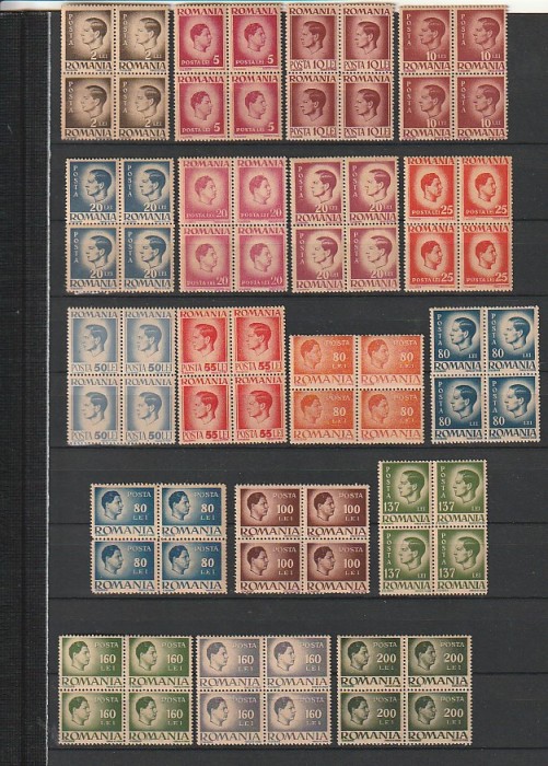 RO - UZUALE MIHAI I HARTIE GRI BLOCURI DE 4 TIMBRE (LP 188) 1945-1947 MNH