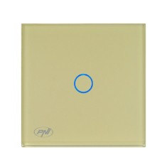 Intrerupator simplu cu indicator luminos, PNI-SH101G, touch, incastrat, rama din sticla inclusa, auriu