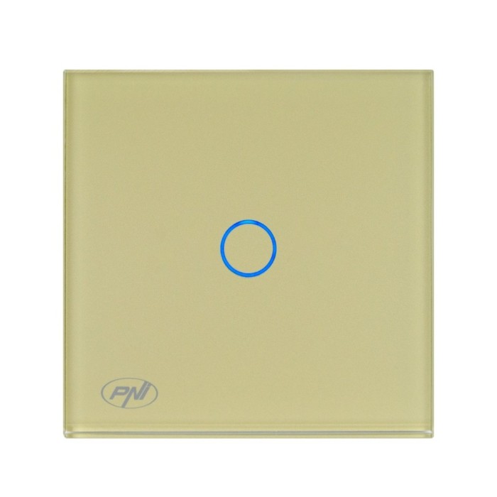 Intrerupator simplu cu indicator luminos, PNI-SH101G, touch, incastrat, rama din sticla inclusa, auriu
