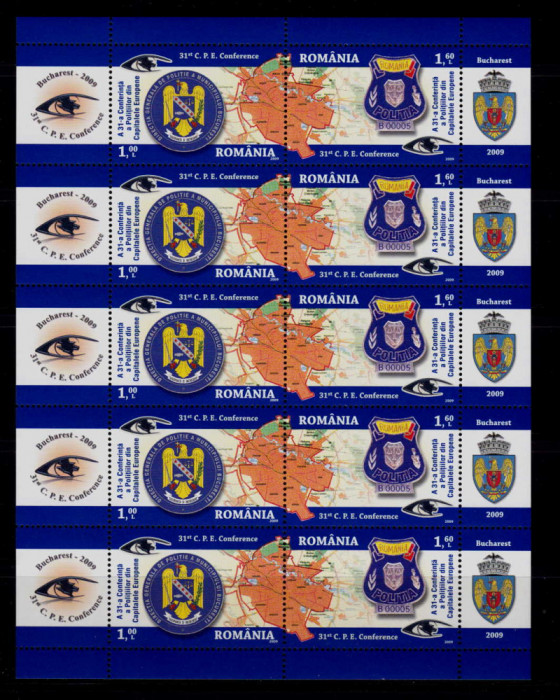 ✅RO 2009 ,LP 1834a ,&quot; A 31-a Conferinta a Politistilor Eu. &quot;,mcoala 5 serii ,MNH