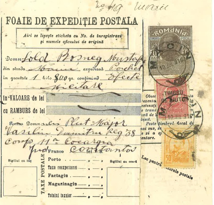 Foaie de expediție poștală 1916