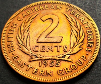 Moneda istorica 2 CENTI - CARAIBE de EST, anul 1955 * cod 5348 B foto