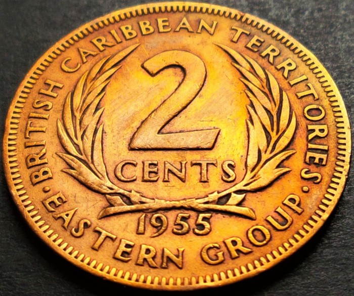 Moneda istorica 2 CENTI - CARAIBE de EST, anul 1955 * cod 5348 B