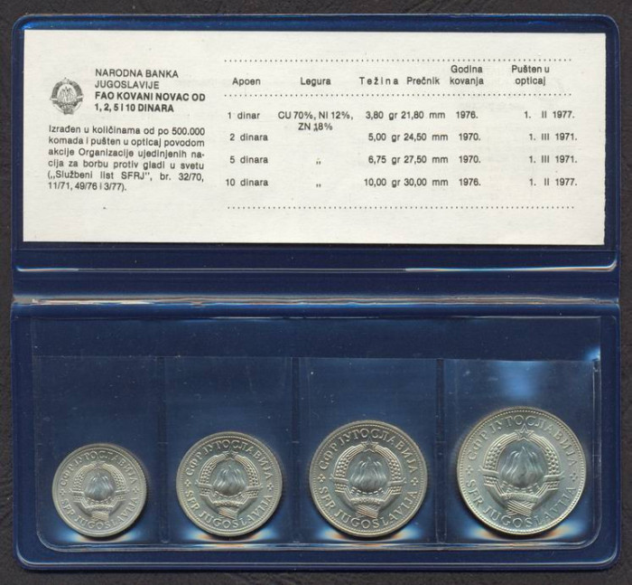 IUGOSLAVIA SET COMPLET COMEMORATIV FAO DE MONEDE █ 1 2 5 10 Dinara 1970-1976 UNC