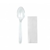 Cumpara ieftin Set lingura plastic + servetel, 100 bucati, reutilizabil, transparent