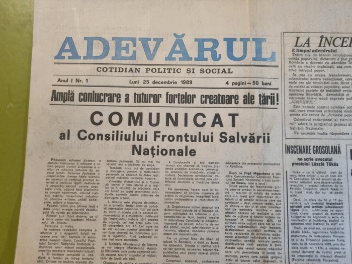 adevarul 25 decembrie 1989 - anul 1,nr. 1 - prima aparitie a ziarului