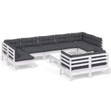 Cumpara ieftin Set mobilier gradina cu perne, 10 piese, alb, lemn masiv pin