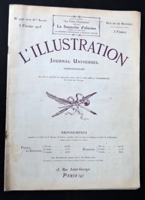 Revista L&#039;Illustration NR. 4170 Franta 1923 / 3 februarie