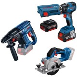 Bosch GBH 180-LI + GKS 18V-51 + GDR 18V-200 - Rotopercutor SDS-Plus 2 J + Fierastrau circular 140x20 mm + Masina de insurubat cu impact 200 Nm M6-M16