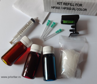 Kit refill reincarcare si desfundare cartuse HP302 F6U67AE HP-302XL color foto