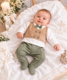 Costumas botez baieti 5 piese bej cu verde, camasa, pantaloni si papion, bumbac