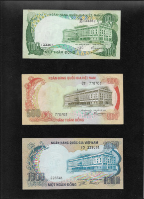 Set South Vietnam Vietnamul de Sud 100 + 500 + 1000 dong 1972 foto