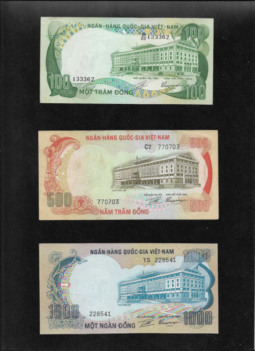 Set South Vietnam Vietnamul de Sud 100 + 500 + 1000 dong 1972