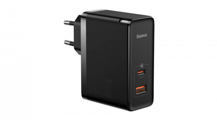 &Icirc;ncărcător de perete Baseus GaN USB-C + USB, 100W + cablu de 1m (negru)