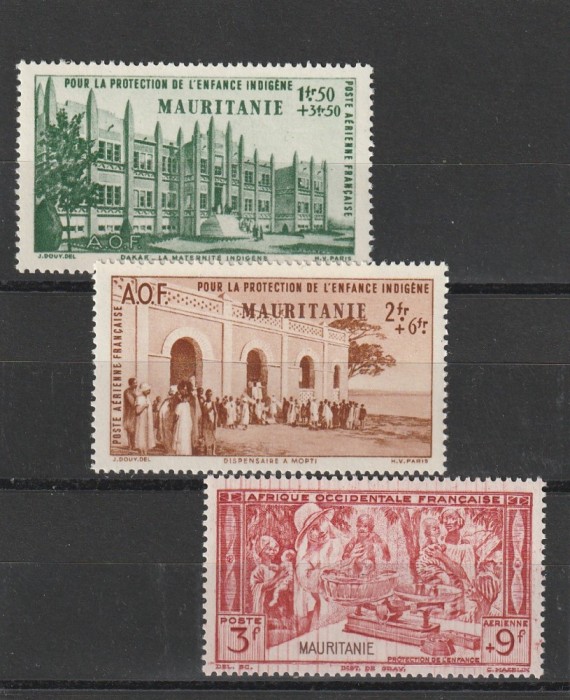 Mauritanie , Colonii franceze 1942 - Omnibuse , Ajutorul pentru copii , serie 3 valori, dantelate , MNH , Mi.136-138