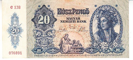 M1 - Bancnota foarte veche - Ungaria - 20 pengo - 1941