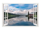 Sticker decorativ, Fereastra 3D, Cer oglindit in lac, 85 cm, 390STK, natura si peisaje