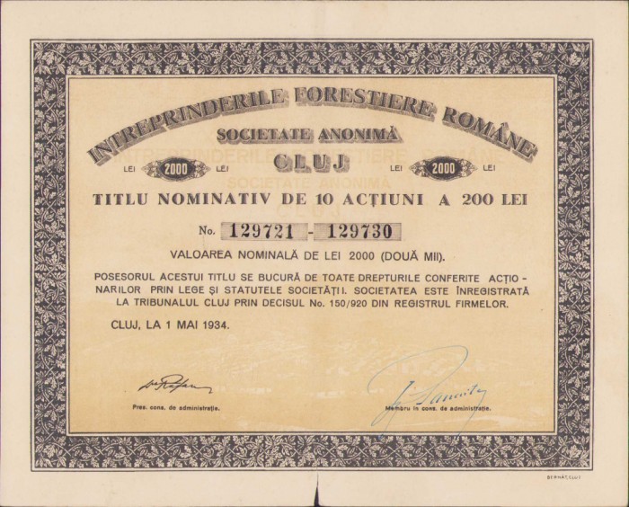 HST 261S Acțiune &Icirc;ntreprinderile Forestiere Rom&acirc;ne Cluj 1934