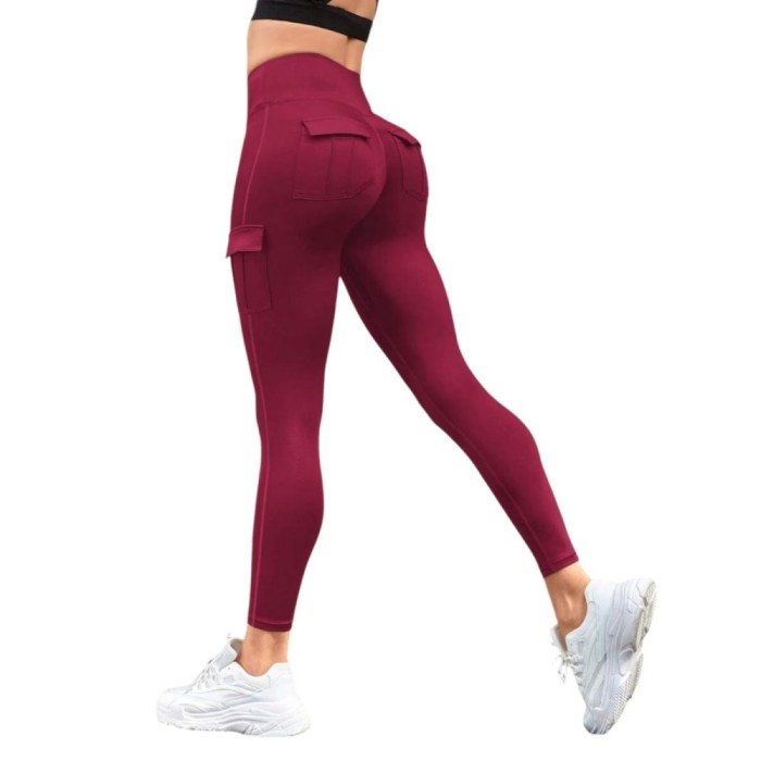 Colanti Sport cu Multiple Buzunare si Talie Inalta, Rosu -M