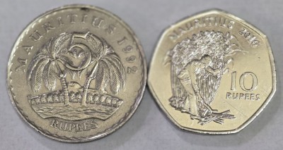 MAURITIUS Set / Lot 7 , 2 Monede : 5 Rupees 1992 + 10 Rupees 2016 foto