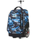 Troler scolar copii KidsCare Fotbal, maner telescopic, roti mari, negru/albastru, 51x35x27 cm, 2.7 kg