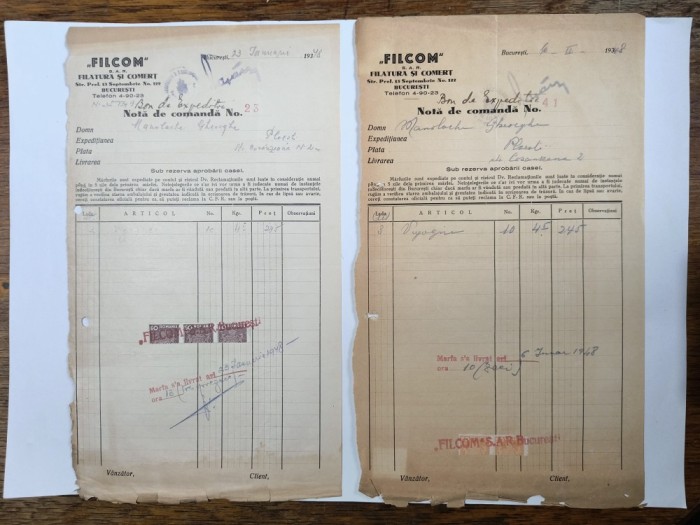 Lot 4 facturi emise de FILCOM S.A.R. Filatura si Comert Bucuresti 1948 / CD1P