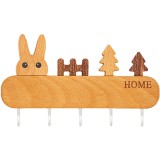 Suport pentru Chei, din Lemn, Aplicare fara Perforare, Adeziv Inclus, 5 Carlige Albe, Model Iepure, Greutate Suportata 5 kg, 13.5 x 22 cm, Maro