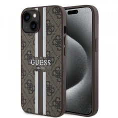 Husa MagSafe pentru Apple iPhone 15, Guess, 4G Printed Stripes, Maro