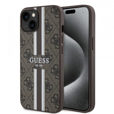 Husa MagSafe pentru Apple iPhone 15, Guess, 4G Printed Stripes, Maro foto